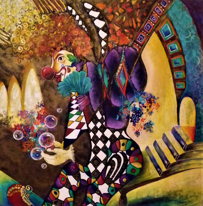 Painting titled "Harlequin from colo…" by Mariana Oros, Original Artwork, Acrylic Mounted on Wood Panel