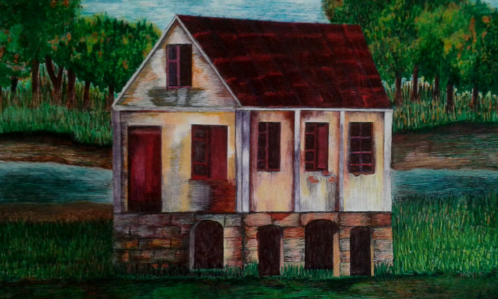 Pintura intitulada "Casa à beira do rio" por Ana Brasil, Obras de arte originais, Outro