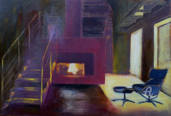 Painting titled "Au coin du feu" by Marie Andrée Hembert, Original Artwork, Oil Mounted on Wood Stretcher frame