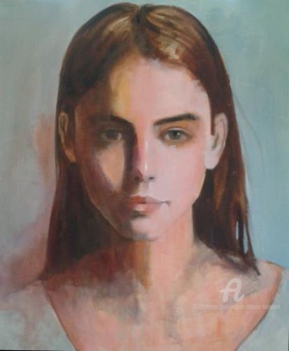 Painting titled "Mary" by Marie Andrée Hembert, Original Artwork, Oil Mounted on Wood Stretcher frame