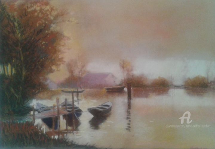 Painting titled "Lac" by Marie Andrée Hembert, Original Artwork, Pastel