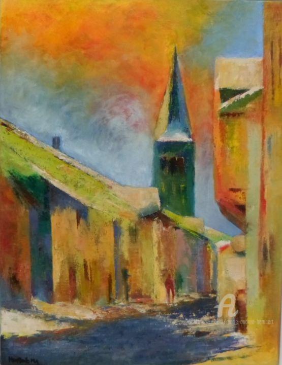 Painting titled "Au coeur du village" by Marie Andrée Hembert, Original Artwork, Oil