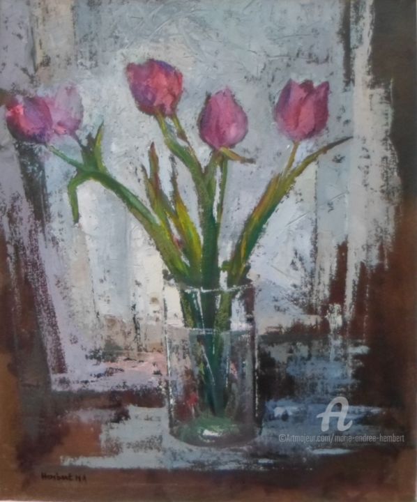 Malerei mit dem Titel "Tulipes." von Marie Andrée Hembert, Original-Kunstwerk, Öl