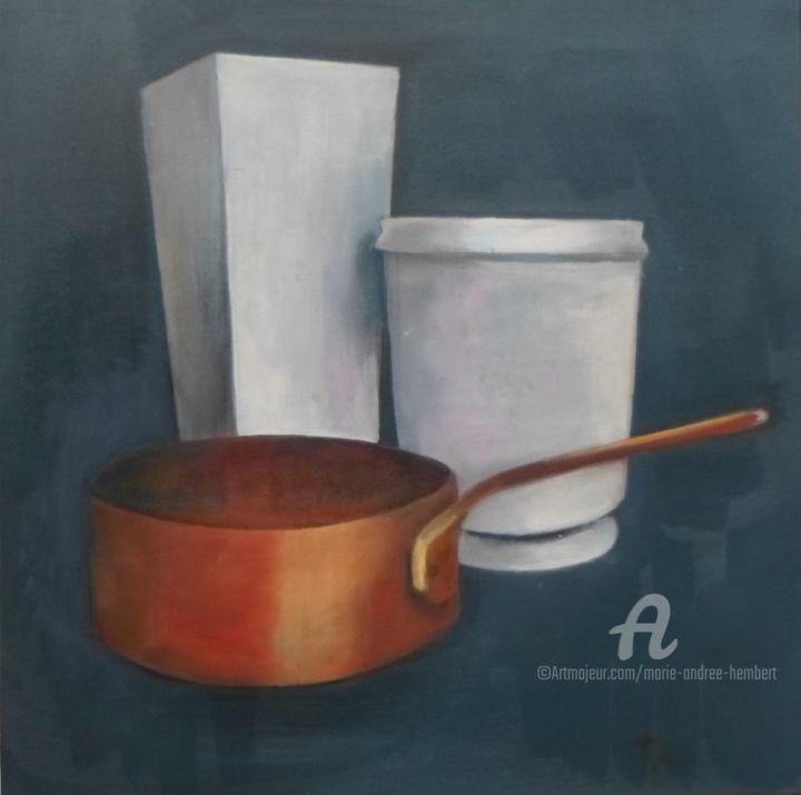 Painting titled "Porcelaines et cuiv…" by Marie Andrée Hembert, Original Artwork, Oil Mounted on Wood Stretcher frame