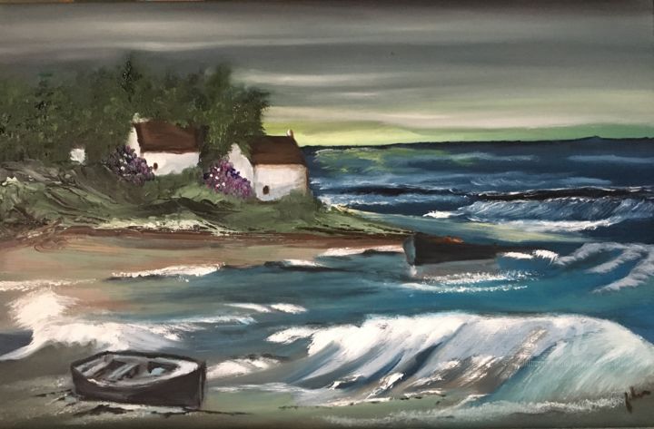 Painting titled "Bretagne le soir" by Marie-Ange Fileni, Original Artwork, Oil