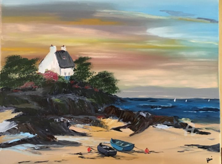 Painting titled "Bretagne a marée ba…" by Marie-Ange Fileni, Original Artwork, Oil