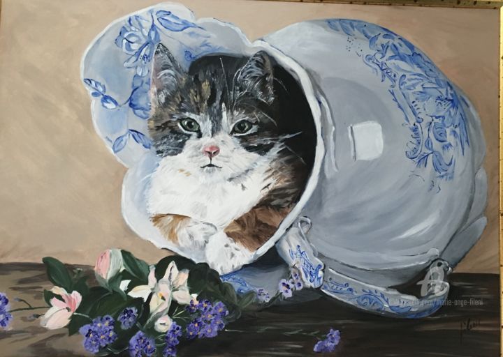 Painting titled "Chaton" by Marie-Ange Fileni, Original Artwork, Oil