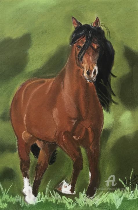 Zeichnungen mit dem Titel "Cheval brun" von Marie-Ange Fileni, Original-Kunstwerk, Pastell