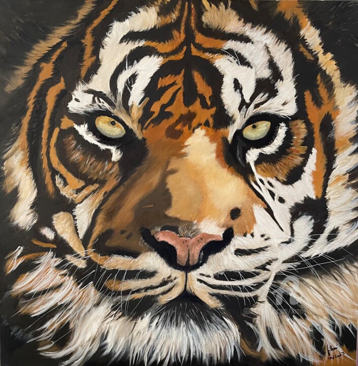 Картина под названием "Tête de tigre" - Marie-Ange Fileni, Подлинное произведение искусства, Масло