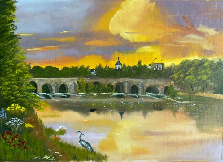 Картина под названием "Pont de Beaugency" - Marie-Ange Fileni, Подлинное произведение искусства, Масло