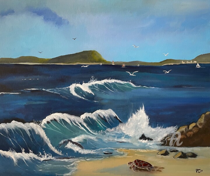 Painting titled "Plage de la tortur" by Marie-Ange Fileni, Original Artwork, Oil