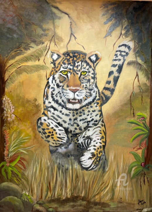 Painting titled "Jaguar" by Marie-Ange Fileni, Original Artwork, Oil