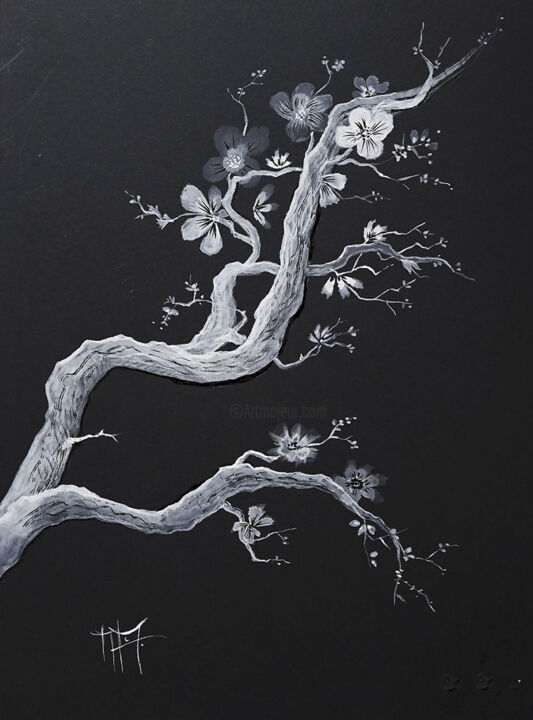 Peinture intitulée "3 branches de ceris…" par Marie-Anne Mouton, Œuvre d'art originale, Encre Monté sur Aluminium
