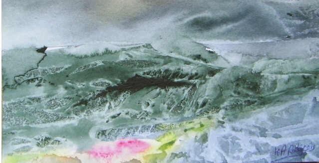 Malerei mit dem Titel "Tempête sur la mer" von Marie-Annick Radigois, Original-Kunstwerk, Aquarell
