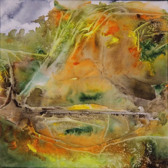 Malerei mit dem Titel "couleur d'automne" von Marie-Annick Radigois, Original-Kunstwerk, Aquarell Auf Andere starre Platte m…