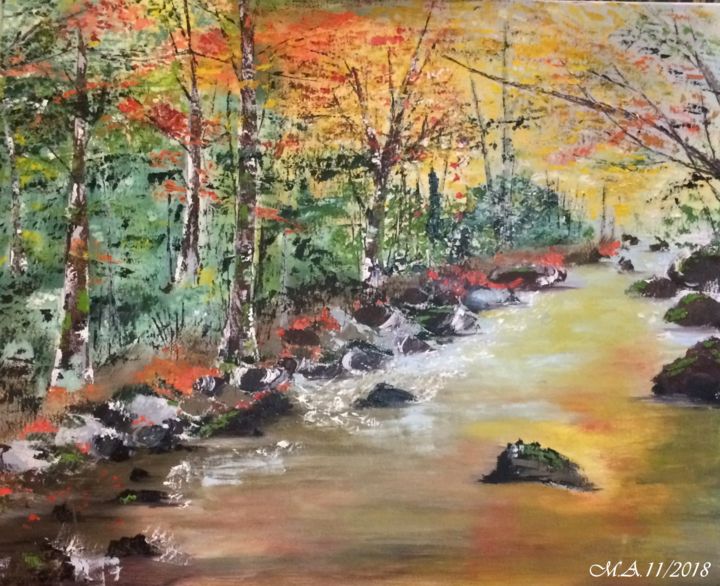 Painting titled "et coule la rivière" by Marie Barre, Original Artwork, Oil