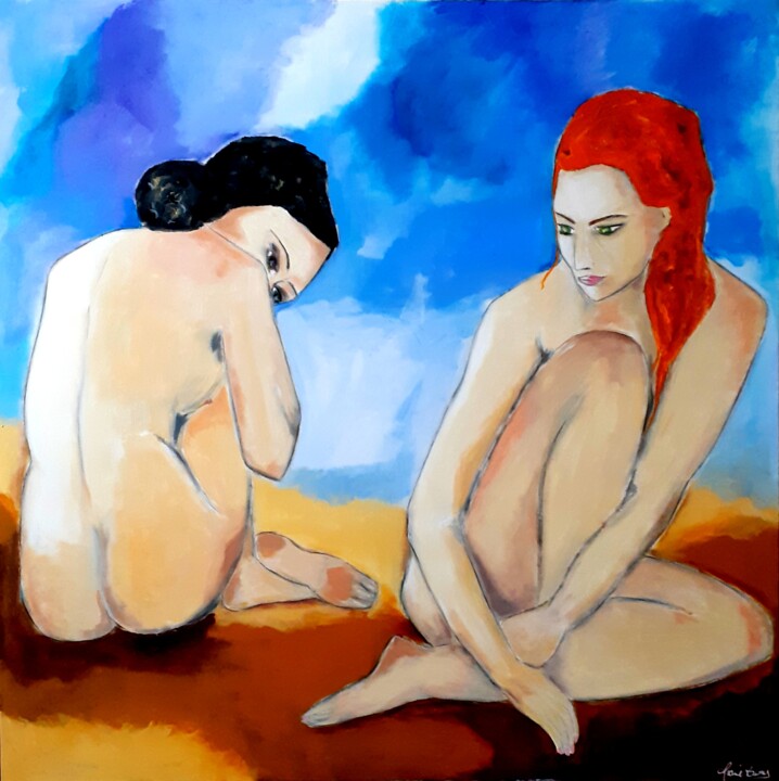Painting titled "Après le bain" by Marie Bony, Original Artwork, Acrylic Mounted on Wood Stretcher frame