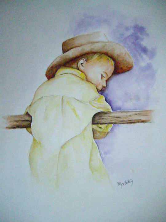 Malerei mit dem Titel "Petit cow boy pensif" von Marie Celestin, Original-Kunstwerk, Aquarell