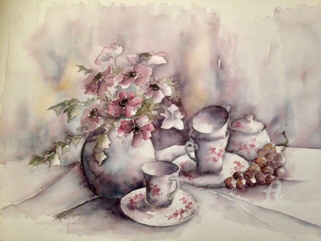 Painting titled "Anémones et porcela…" by Marie-Charlotte Houpeurt-Chauffeté, Original Artwork, Watercolor