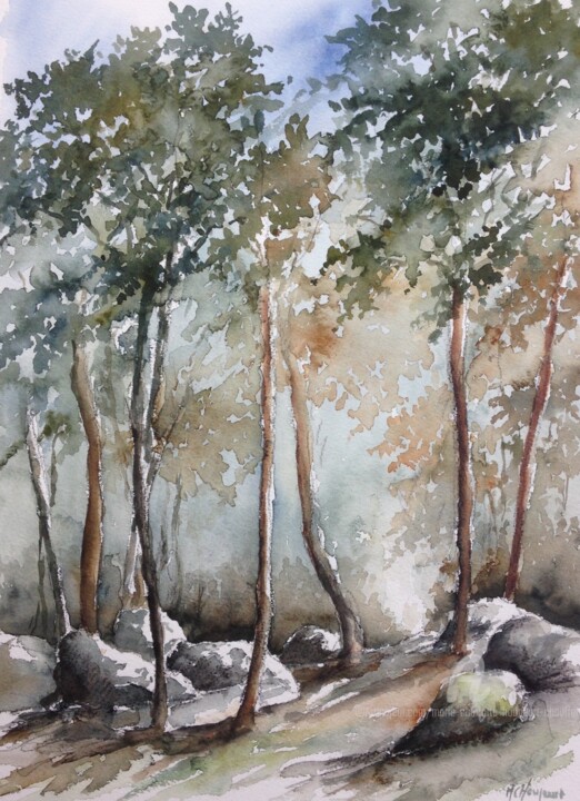 Painting titled "les rochers" by Marie-Charlotte Houpeurt-Chauffeté, Original Artwork, Watercolor