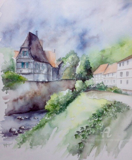 Painting titled "Village alsacien" by Marie-Charlotte Houpeurt-Chauffeté, Original Artwork, Watercolor