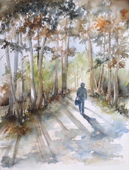 Painting titled "Promenade" by Marie-Charlotte Houpeurt-Chauffeté, Original Artwork, Watercolor