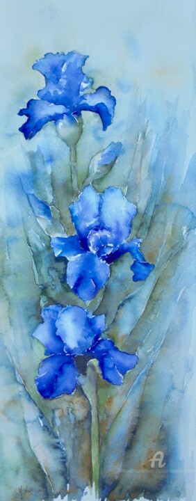 Painting titled "Iris bleus" by Marie-Charlotte Houpeurt-Chauffeté, Original Artwork, Watercolor