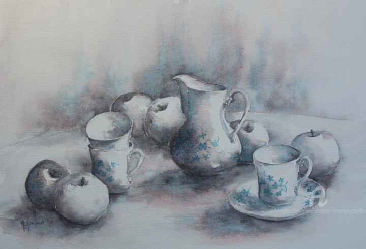 Painting titled "Pommes et porcelain…" by Marie-Charlotte Houpeurt-Chauffeté, Original Artwork, Watercolor