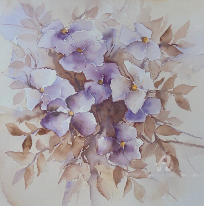 Painting titled "Clématites en bouqu…" by Marie-Charlotte Houpeurt-Chauffeté, Original Artwork, Watercolor