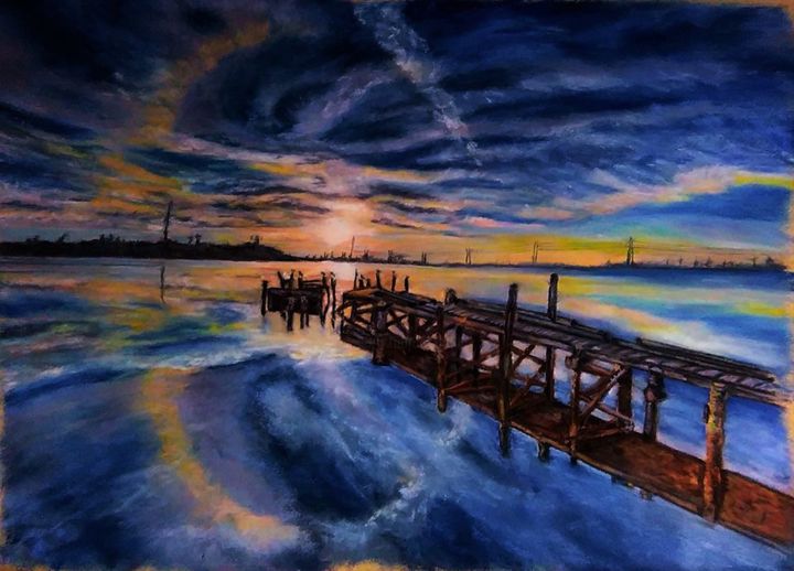 Coucher De Soleil Sous Le Ponton Painting By Mariebretonne Artmajeur