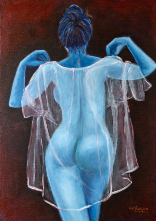 Peinture intitulée "Grand nu bleu voile…" par Marie-Christine Roque, Œuvre d'art originale, Huile