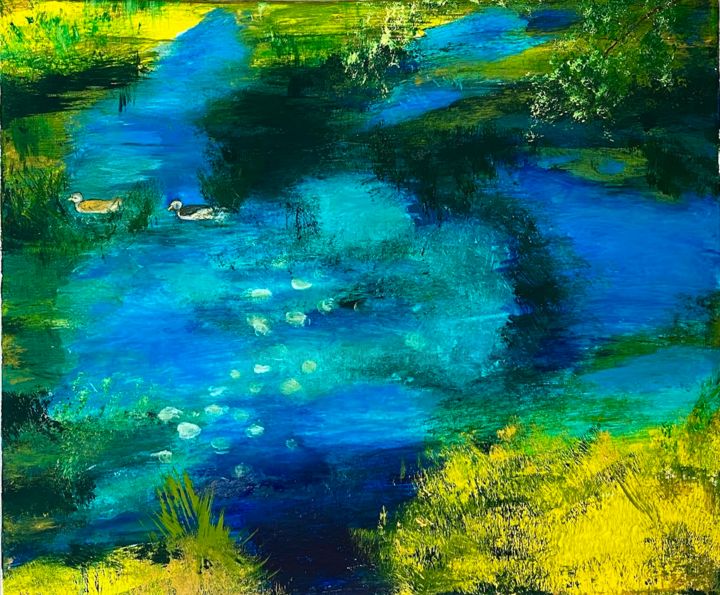 Peinture intitulée "L'étang" par Marie Claude Lambert, Œuvre d'art originale, Acrylique