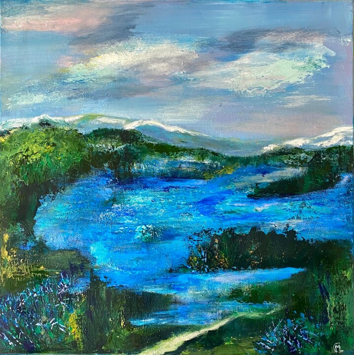 Pintura titulada "Mon lac tout bleu" por Marie Claude Lambert, Obra de arte original, Acrílico