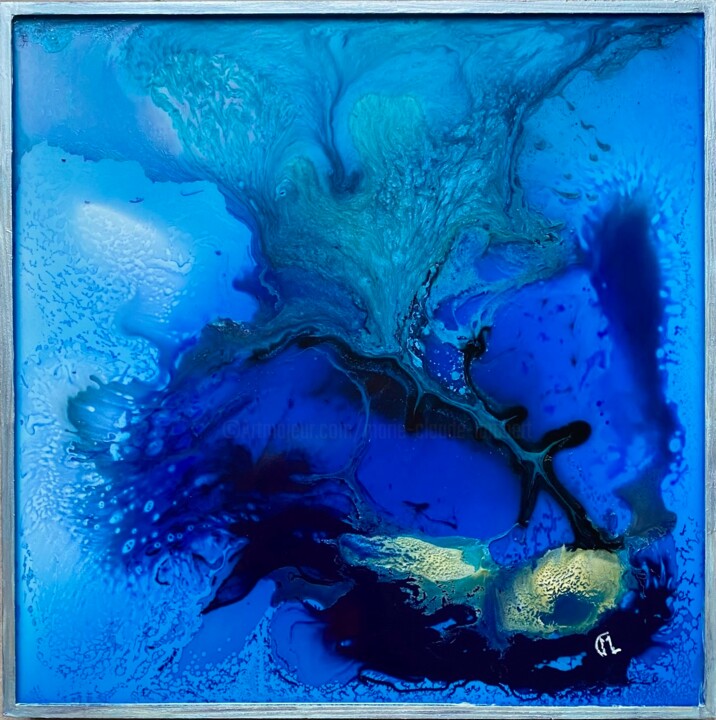 Malerei mit dem Titel "Fleur bleue" von Marie Claude Lambert, Original-Kunstwerk, Glasmalerei