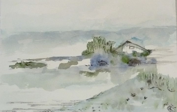 Painting titled "La cabane du pêcheur" by Marie Claude Lambert, Original Artwork, Watercolor