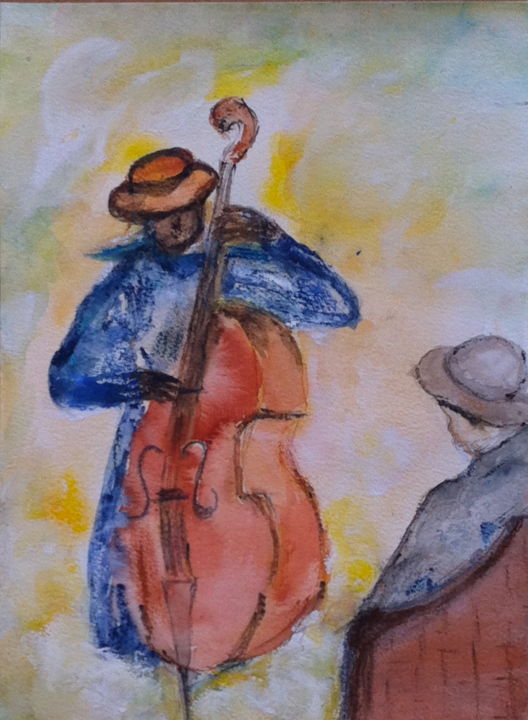 Painting titled "Le contrebassiste" by Marie Claude Lambert, Original Artwork, Watercolor