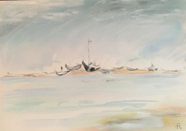 Pintura titulada "Plumes sur la mer..." por Marie Claude Lambert, Obra de arte original, Acuarela