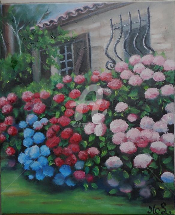 Peinture intitulée "Hortensias.jpg" par Marie-Claude Lempereur-Laurent, Œuvre d'art originale, Huile