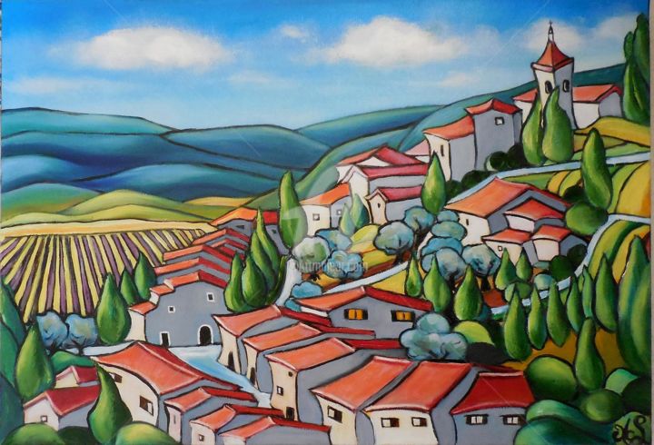 "Petit-village-perch…" başlıklı Tablo Marie-Claude Lempereur-Laurent tarafından, Orijinal sanat, Petrol