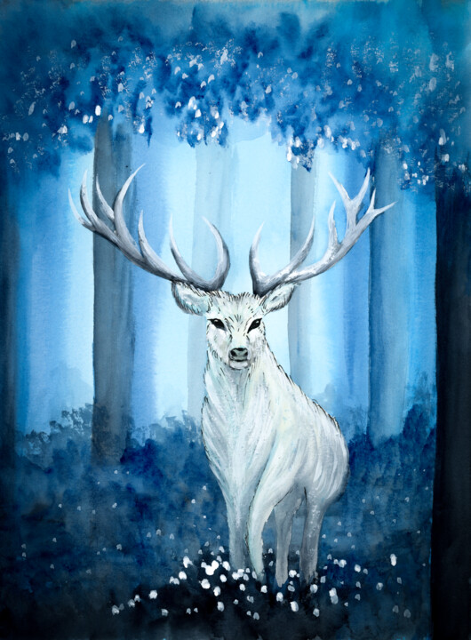 Peinture intitulée "Cerf d'Opal" par Marie Della Bella, Œuvre d'art originale, Aquarelle