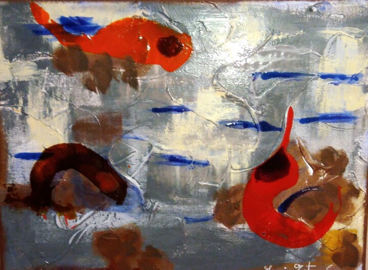 Painting titled "3 POISSONS" by Marie Estepa, Original Artwork