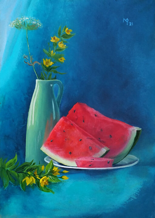 Painting titled "Summer still life w…" by Marie Faleeva, Original Artwork, Oil