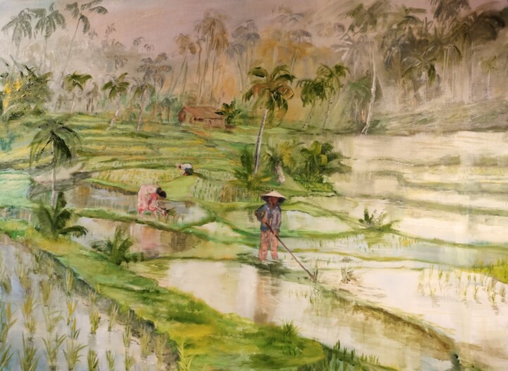 Painting titled "Rizière à Bali" by Marie Feougier, Original Artwork, Oil Mounted on Wood Stretcher frame