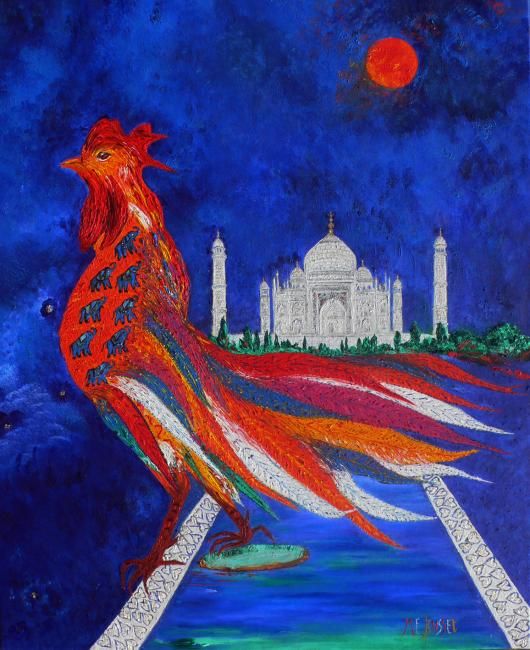 Malerei mit dem Titel "LE COQ RÊVE DU TAJ…" von Marie-France Busset, Original-Kunstwerk, Öl