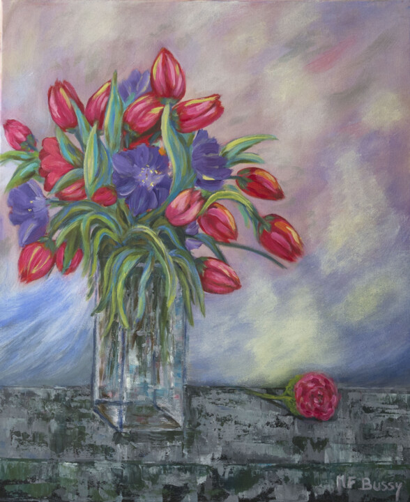 Painting titled "vase aux Tulipes" by Marie France Bussy (COLIBRI), Original Artwork, Acrylic
