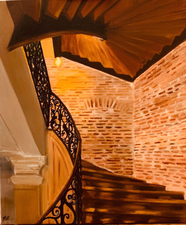 Schilderij getiteld "L'escalier" door Marie France Garrigues, Origineel Kunstwerk, Olie Gemonteerd op Frame voor houten bran…