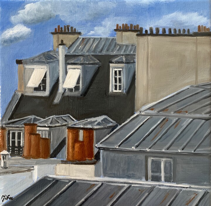 "balade sur les toit…" başlıklı Tablo Marie France Garrigues tarafından, Orijinal sanat, Petrol Ahşap Sedye çerçevesi üzerin…