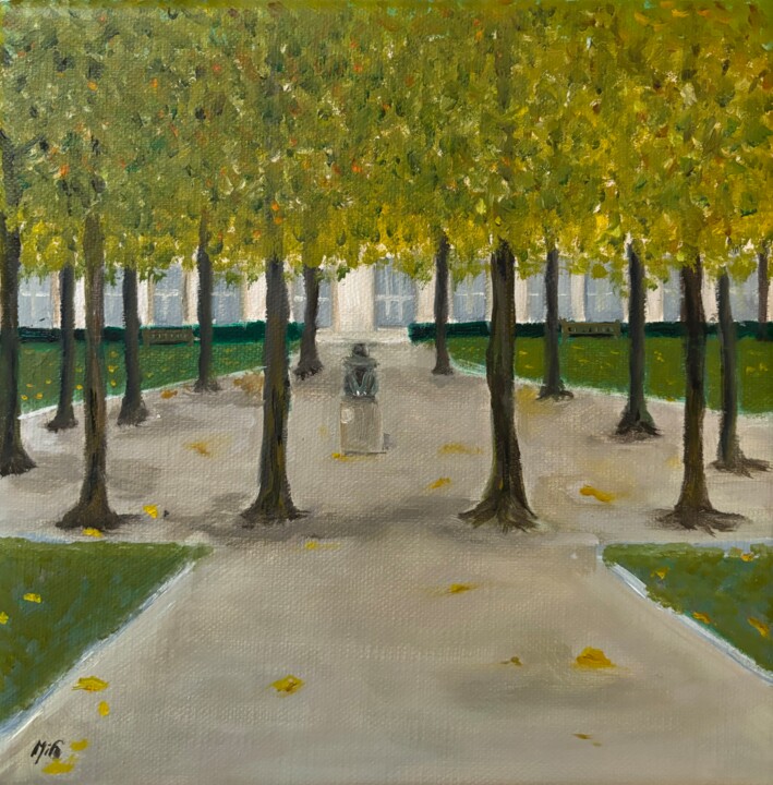 Painting titled "Jardin des Tuileries" by Marie France Garrigues, Original Artwork, Oil Mounted on Wood Stretcher frame