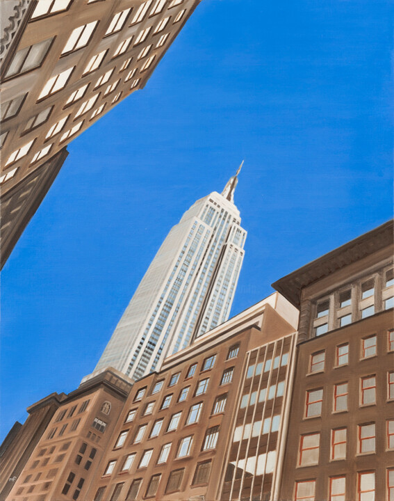 Painting titled "L'Empire State Buil…" by Marie France Garrigues, Original Artwork, Oil Mounted on Wood Stretcher frame