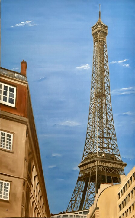 Painting titled "Paris street view" by Marie France Garrigues, Original Artwork, Oil Mounted on Wood Stretcher frame